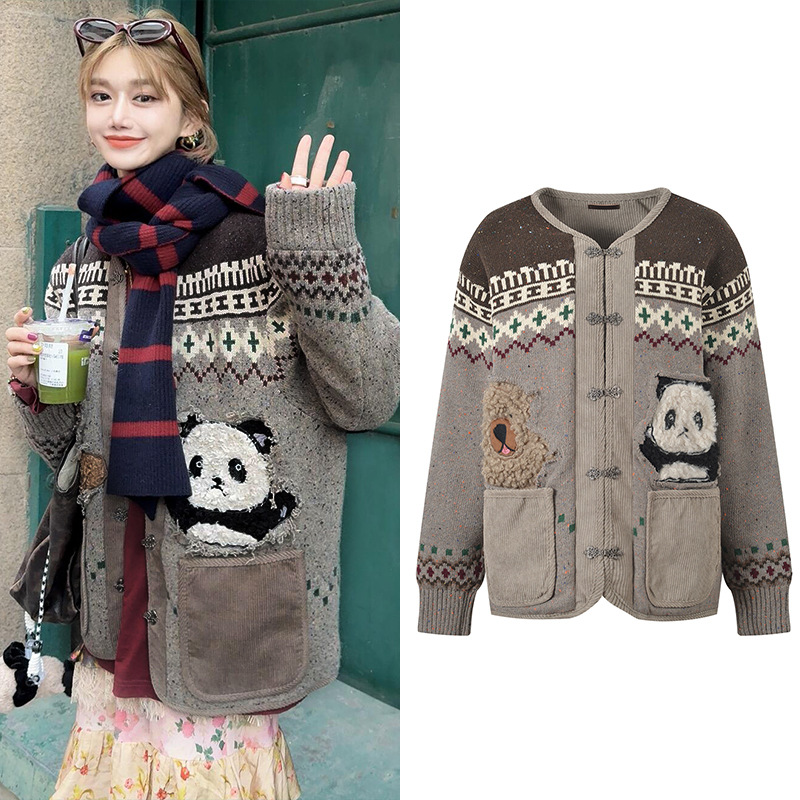 小众设计感趣味卡通熊猫贴布刺绣棉服外套气质休闲时尚百搭上衣