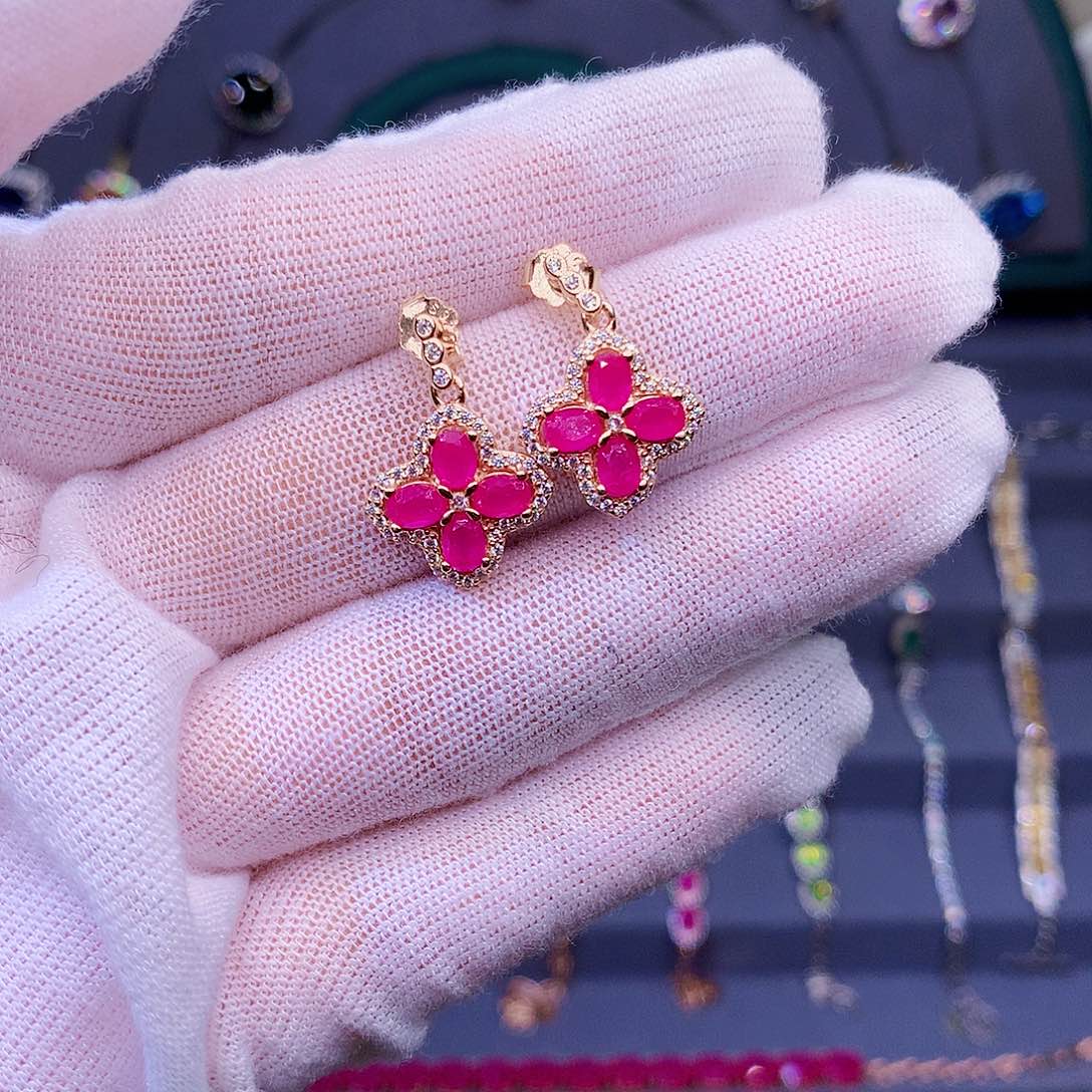 红宝石耳饰银S925镶嵌