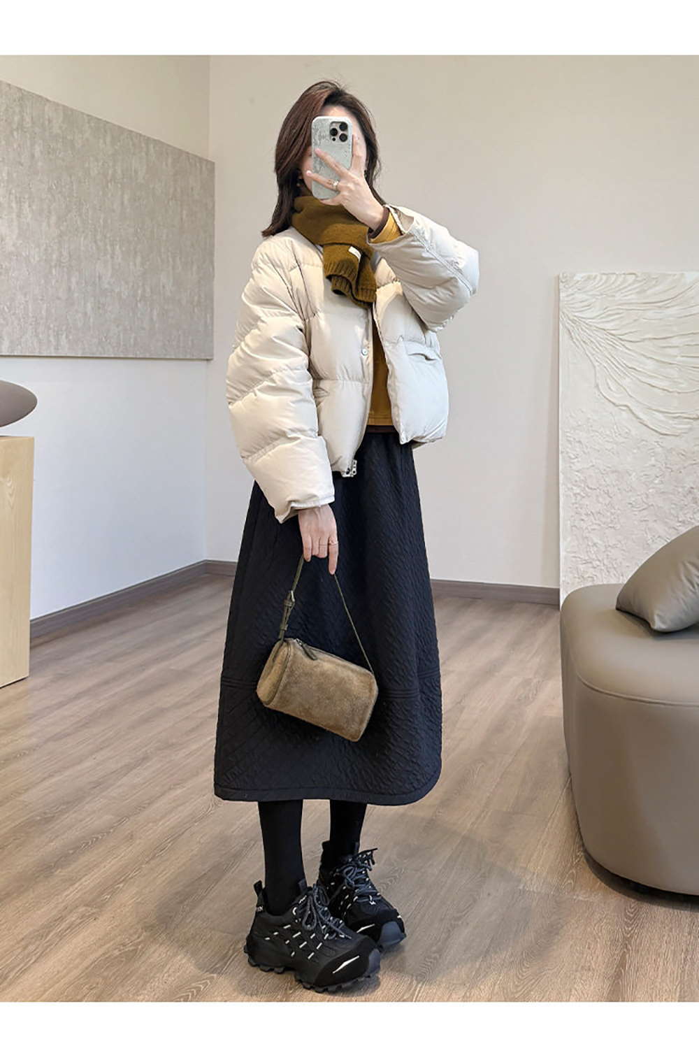 超声波加绒赫本裙冬季夹棉绒里休闲小黑裙花苞裙半身裙27137