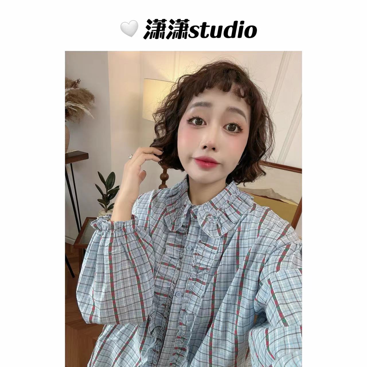 【清新格子】潇潇自制衬衣领泡泡袖定制格子面料韩系百搭衬衣XW0030