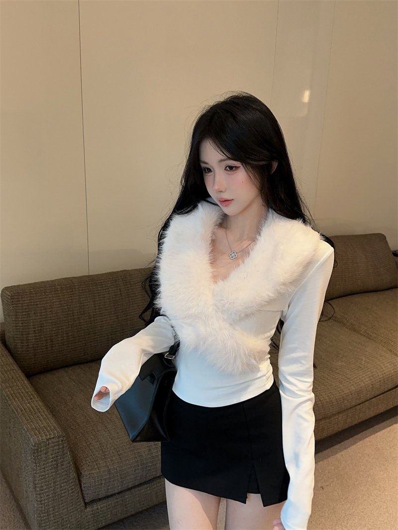 纯欲辣妹毛领拼接V领长袖T恤法式气质设计感内搭修身打底衫上衣女