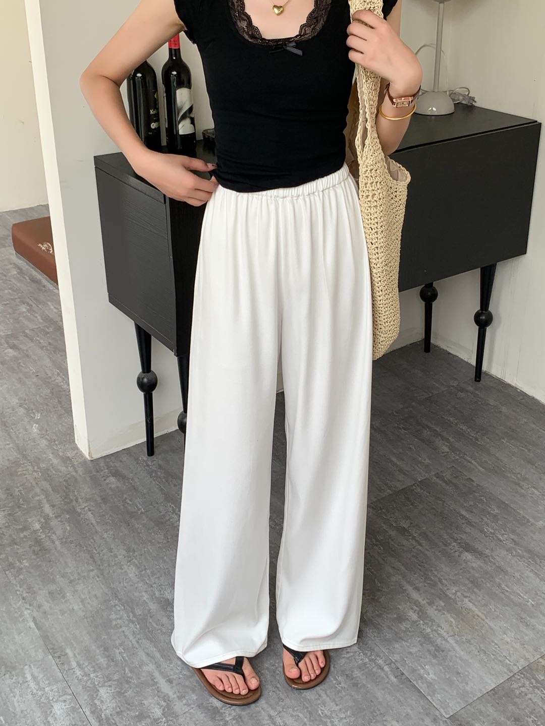 夏日穿搭好清爽新款休闲慵懒风阔腿直筒柔软亲肤松紧腰裤子女