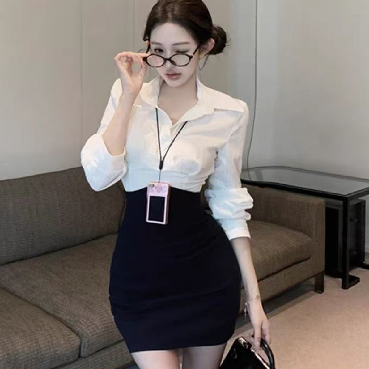 【ChengZi】大码胖MM职业通勤高级感气质御姐长袖撞色衬衫连衣裙
