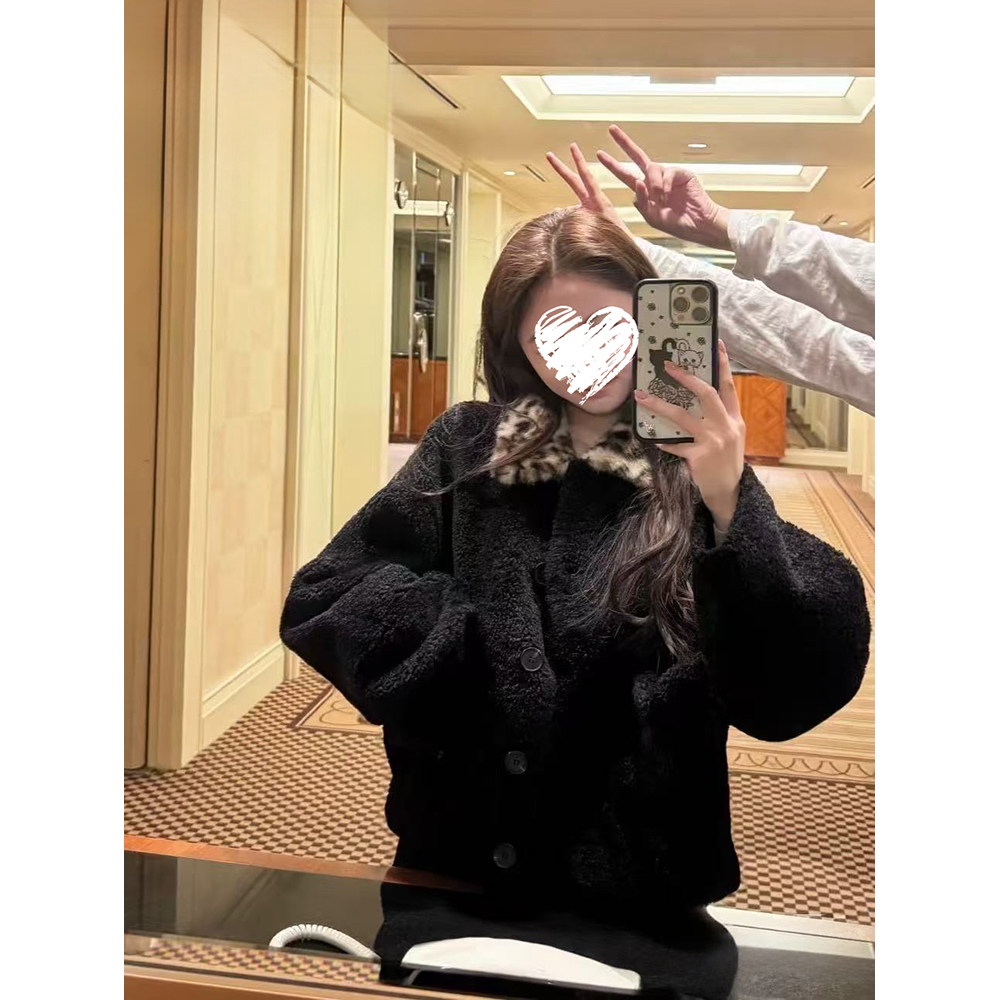 撞色豹纹翻领环保毛毛外套女冬保暖高级感韩系上衣 61226