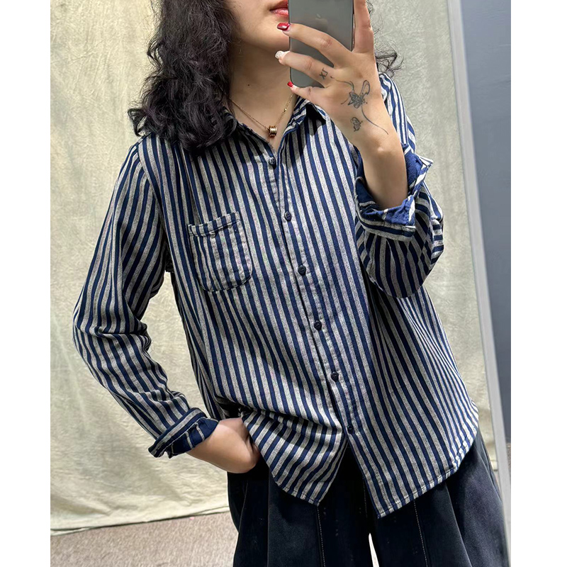 秋季新款气质显瘦条纹衬衣百搭纯棉衬衫女8514