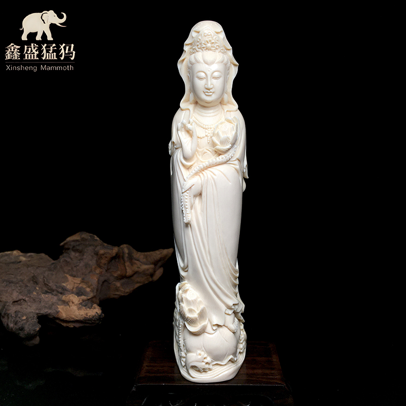 天然猛犸牙持莲观音摆件大师手工雕刻居家办公玄关收藏送礼品