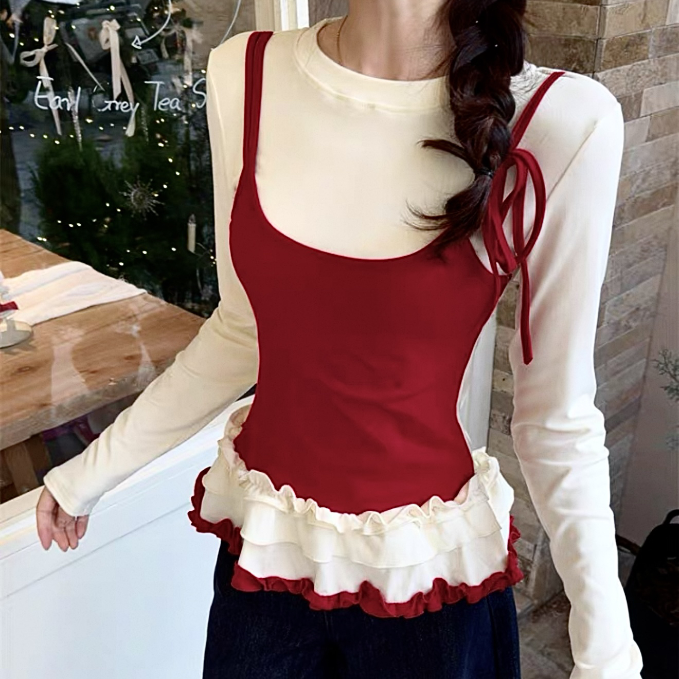 早春新款甜美减龄假两件长袖T恤女2025洋气木耳花边显瘦长袖上衣