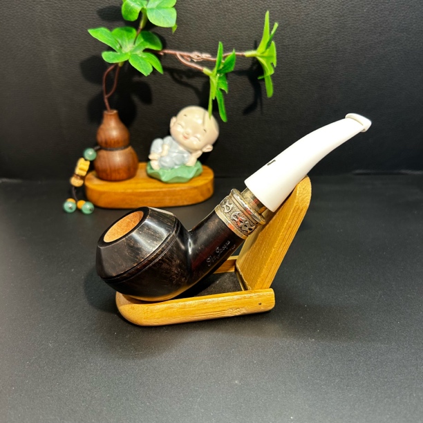 意大利烟斗教父雅克黑色礼服白色烟嘴双银圈石楠木手工弯式