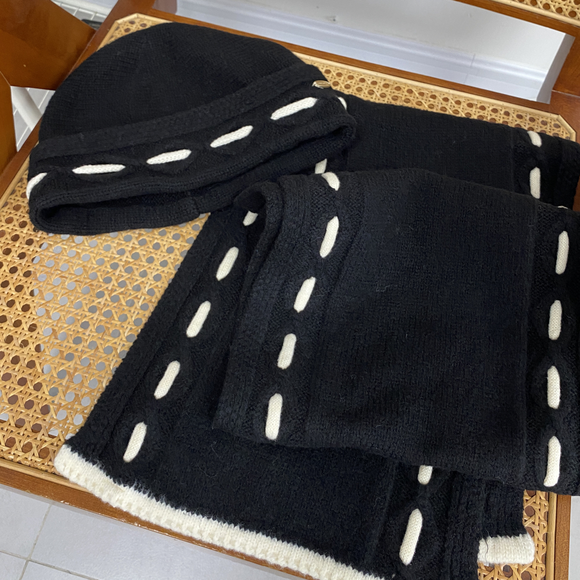 （香奶奶）秋冬撞色保暖针织围巾帽子百搭休闲