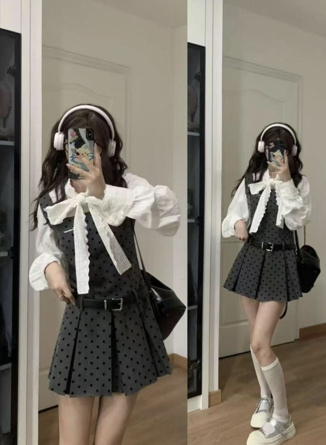 大码灰色波点收腰显瘦吊带连衣裙➕花边领结衬衫两件套装（带腰带）