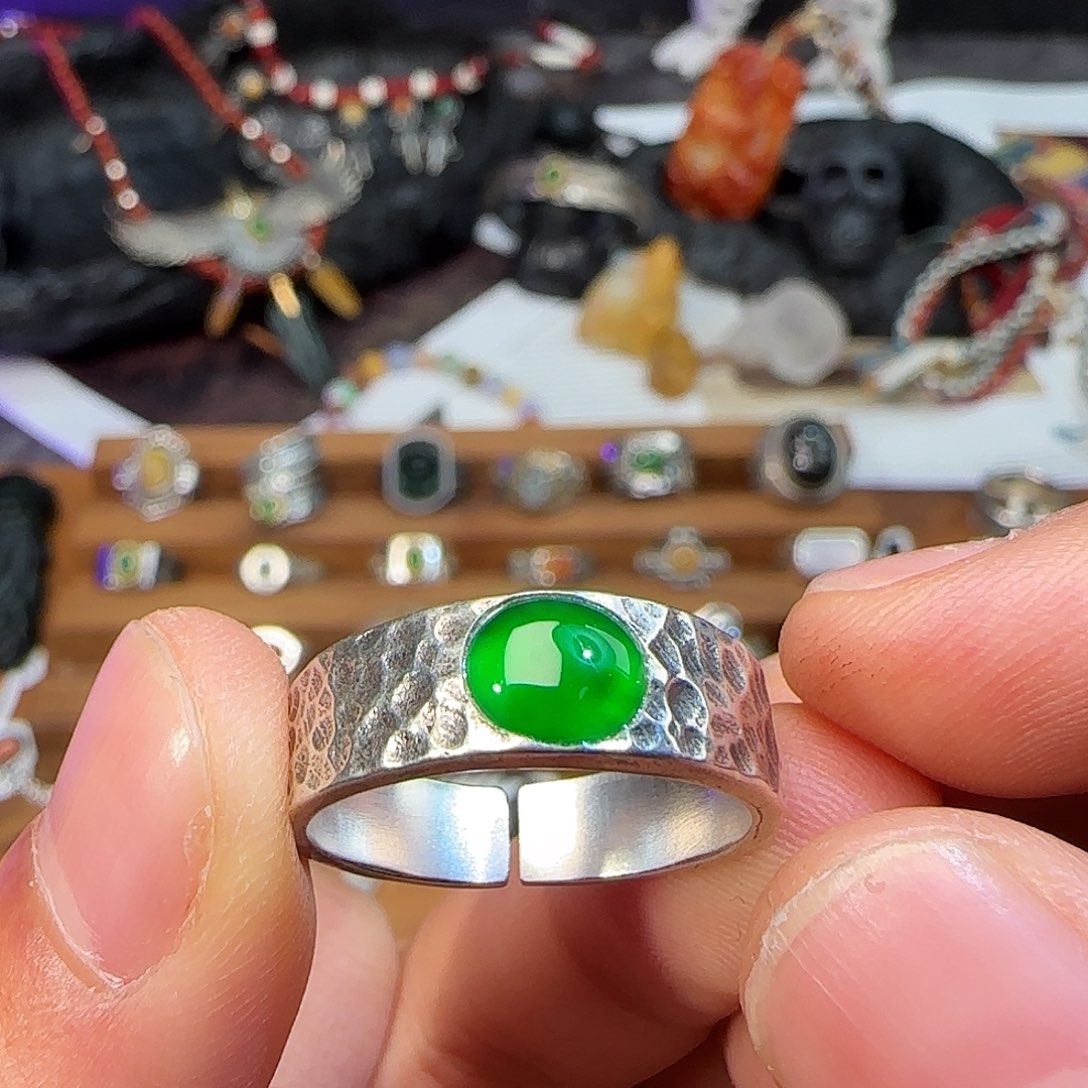 海***岸翡翠银S925镶嵌戒指