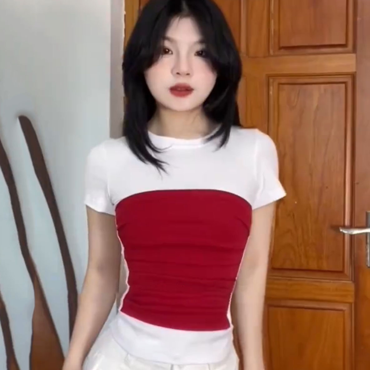 【6552】大码女装胖mm设计感拼接假两件短袖T恤修身显瘦辣妹上衣