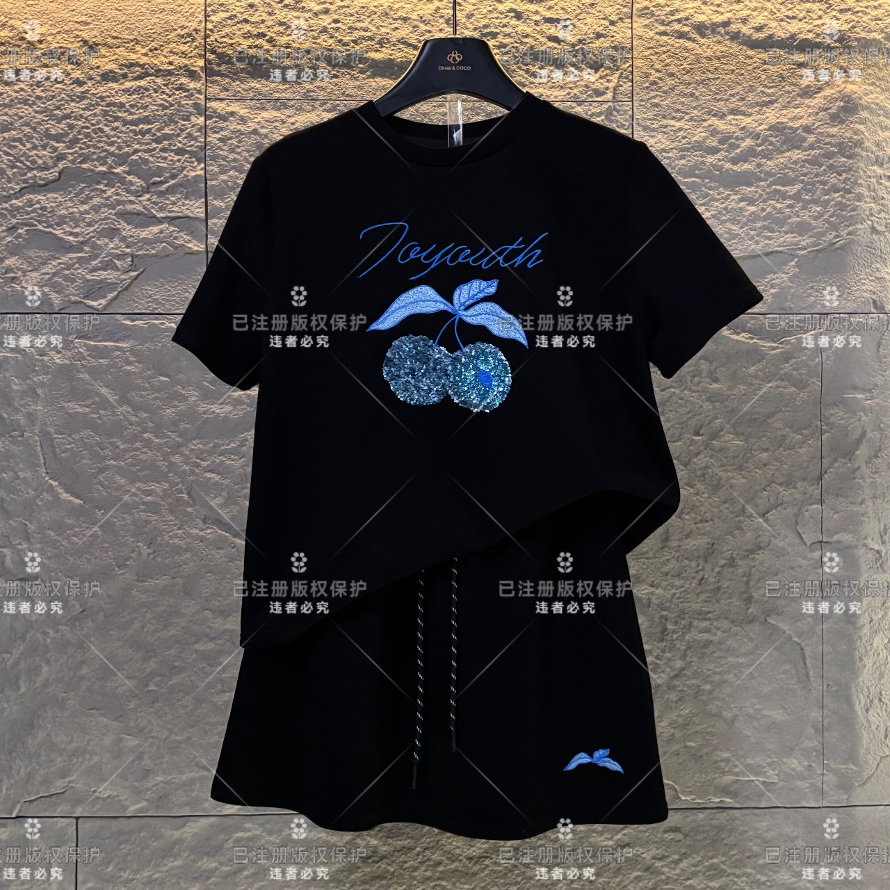 WMA-A54设计师款丨珠花小樱桃宽松版夏季T恤短裙时尚套装