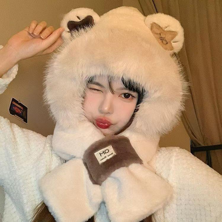 新款帽子女冬季骑车防风帽护耳两件套毛绒加厚防寒显脸小一体帽潮