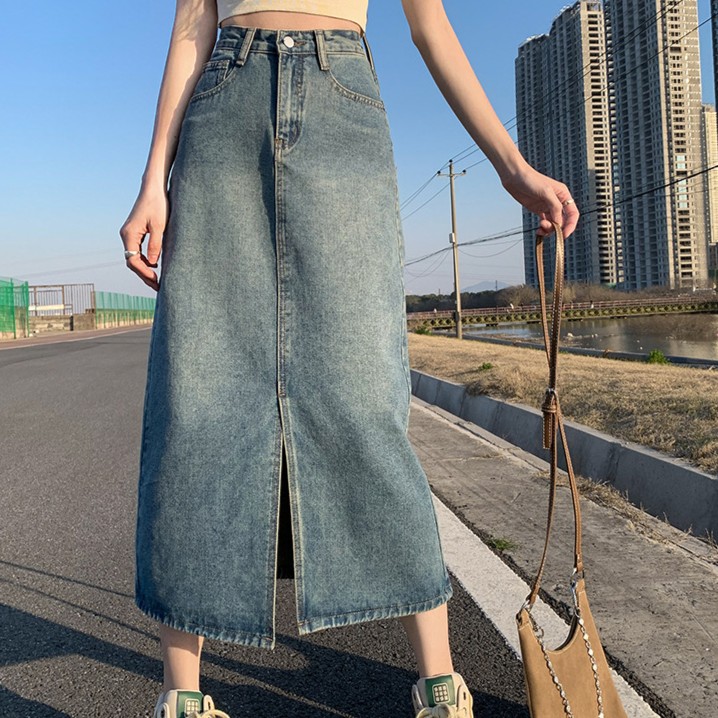 【定制大码女装80-140斤】百搭显瘦牛仔开叉半身裙1538