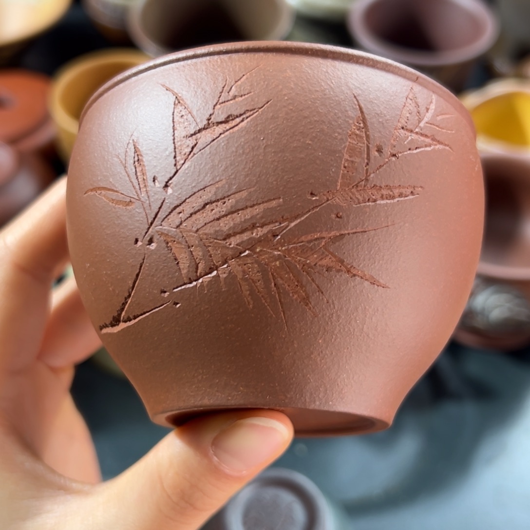 紫砂茶杯紫泥竹趣