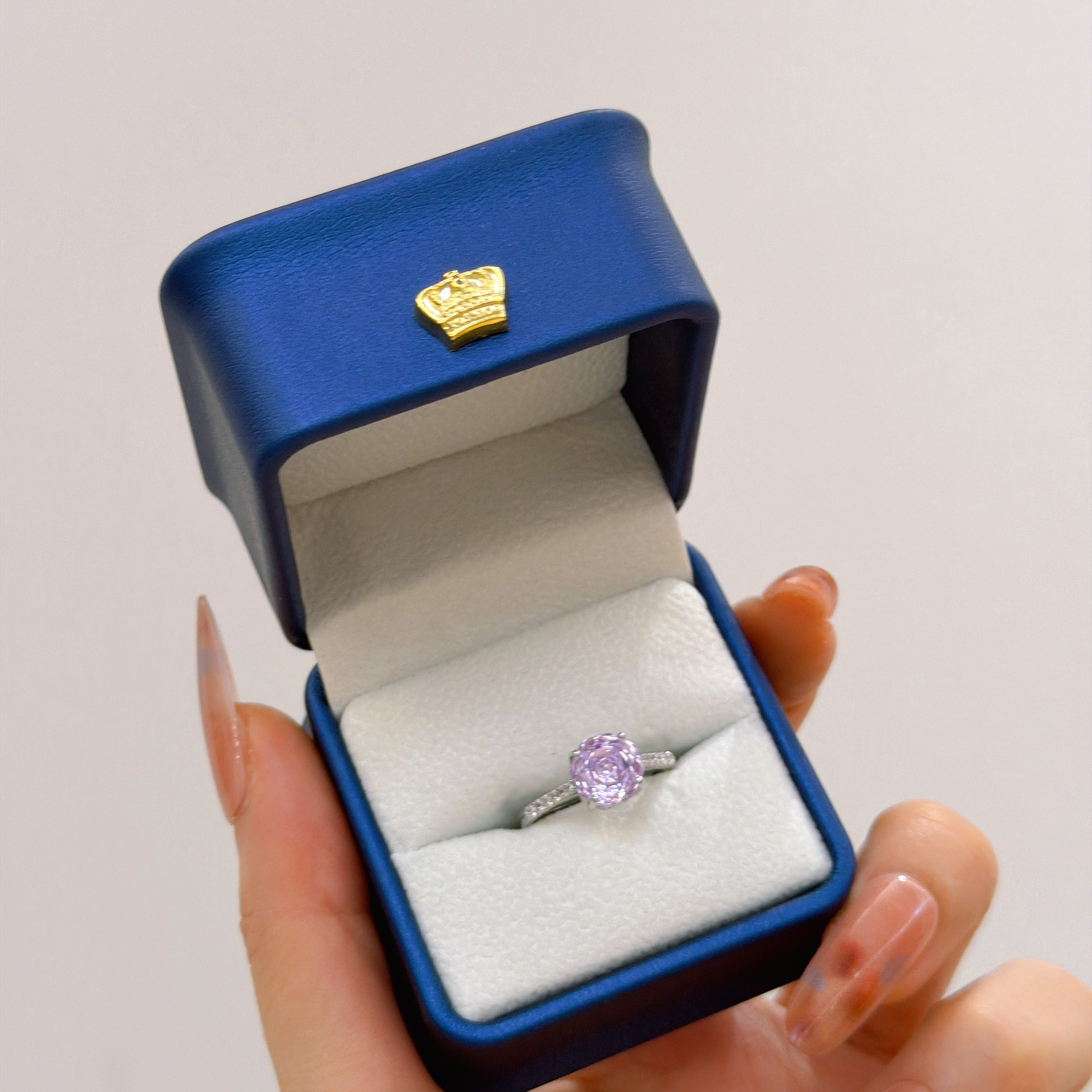 铜合金锆石戒指 粉紫色戒指开口可调节带证书轻奢婚戒