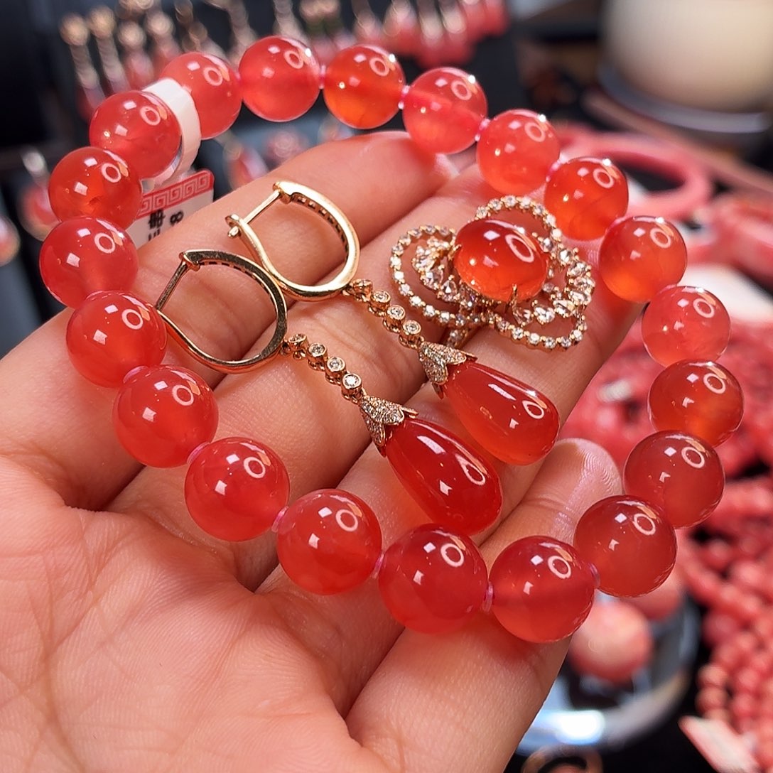 菱锰矿（红纹石）18K金镶嵌戒指套装