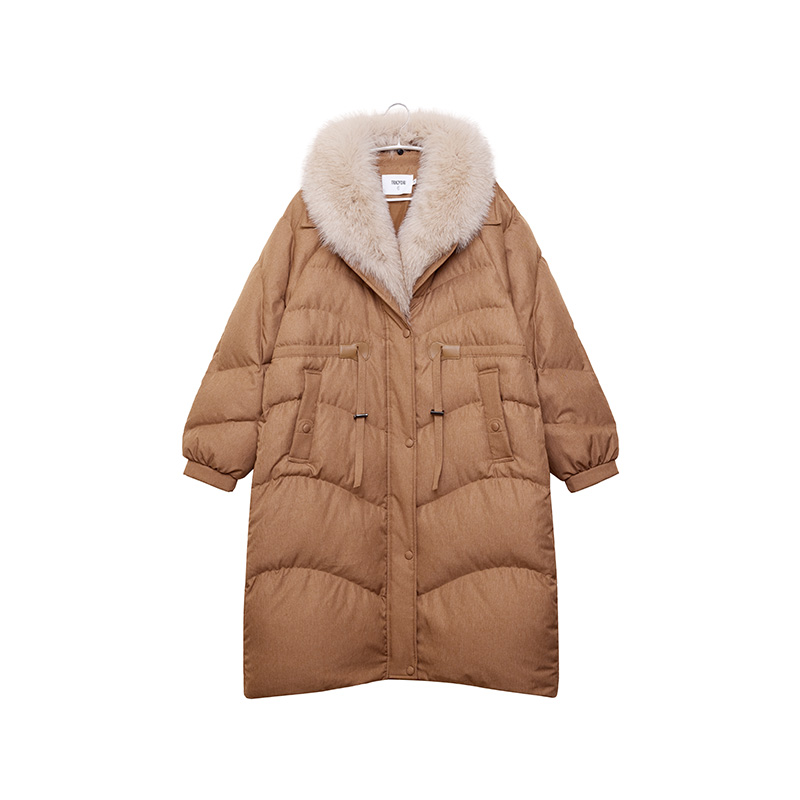 TRACYCHU大狐狸毛领芥茉色长款鹅绒服百搭舒适优雅时尚款冬季新款