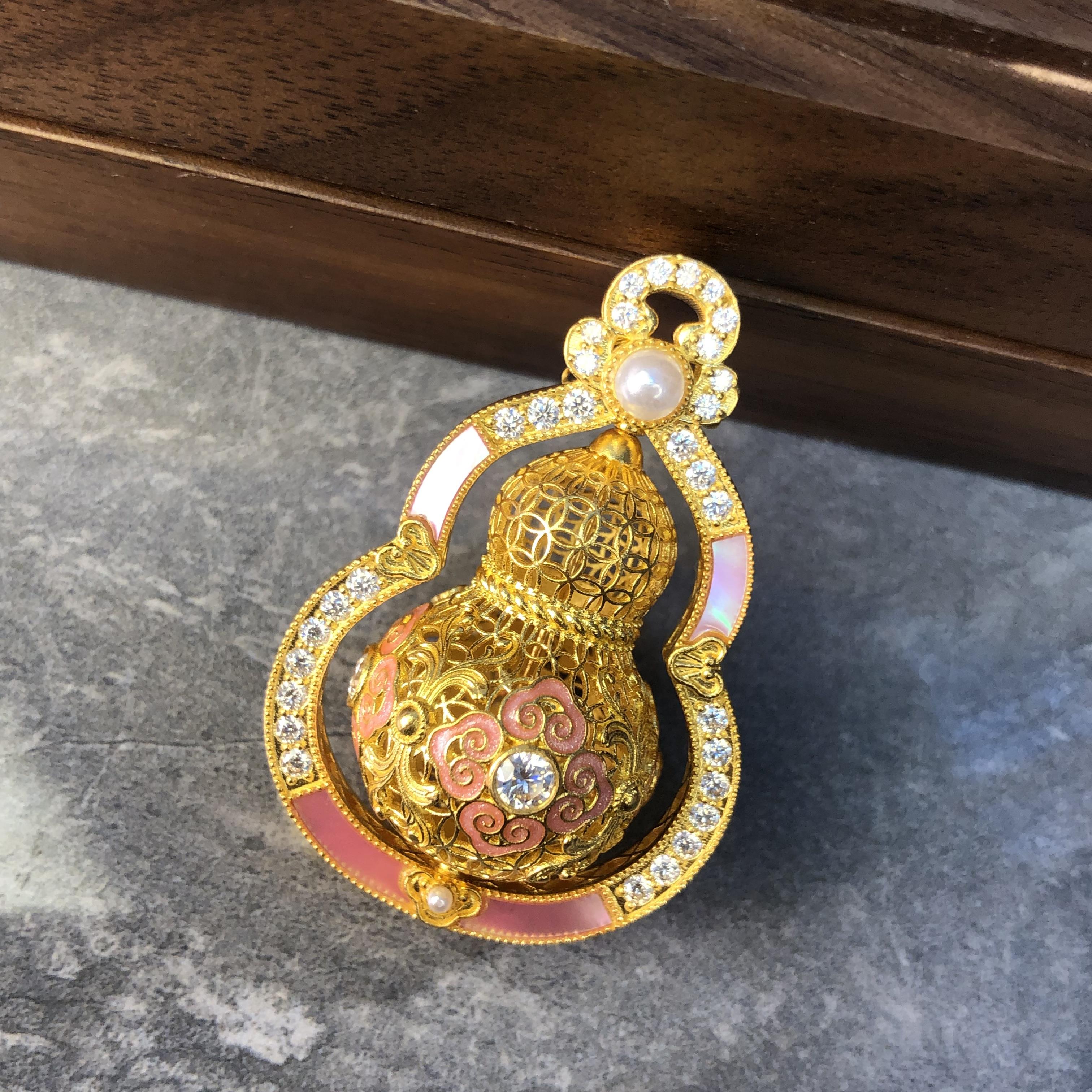 黄金足金999古法国风点钻镶嵌镂空立体花丝葫芦吊坠