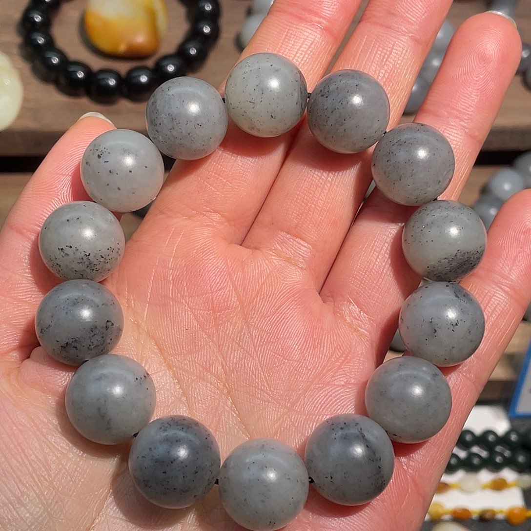 和田玉未镶嵌手链和田玉子料青花点墨卡16mm