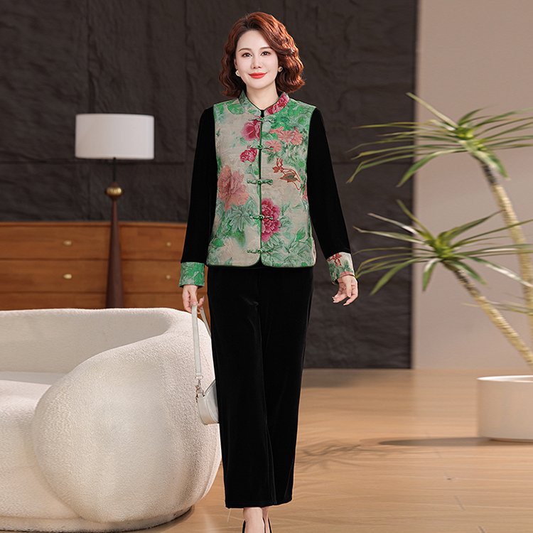 花鸟印花中国风立领马甲三件套常规款中老年妈妈女装盘扣背心秋冬