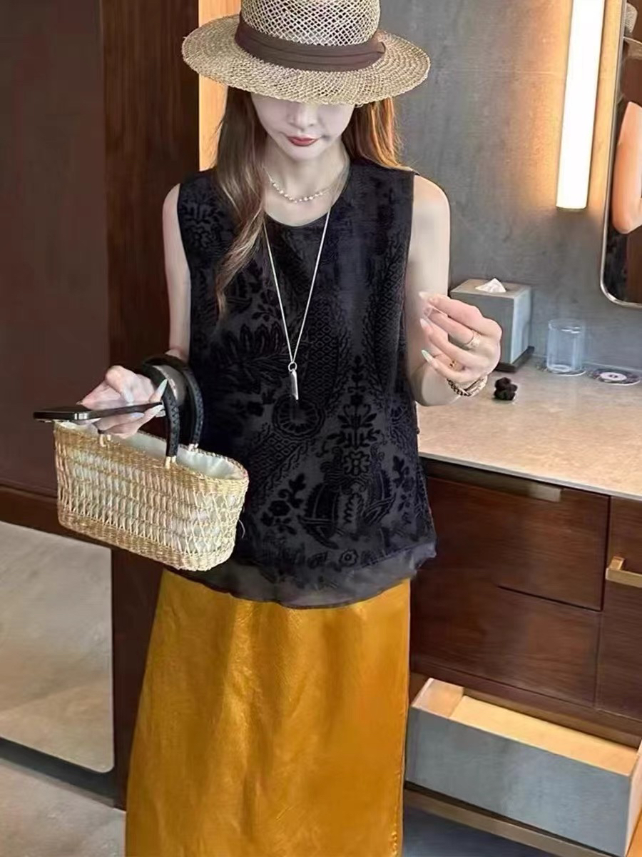 88119#丝绒烧花无袖坎肩款高级感套装