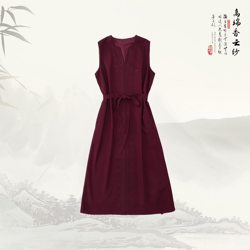 新款无袖绣花长款纯色连衣裙537001