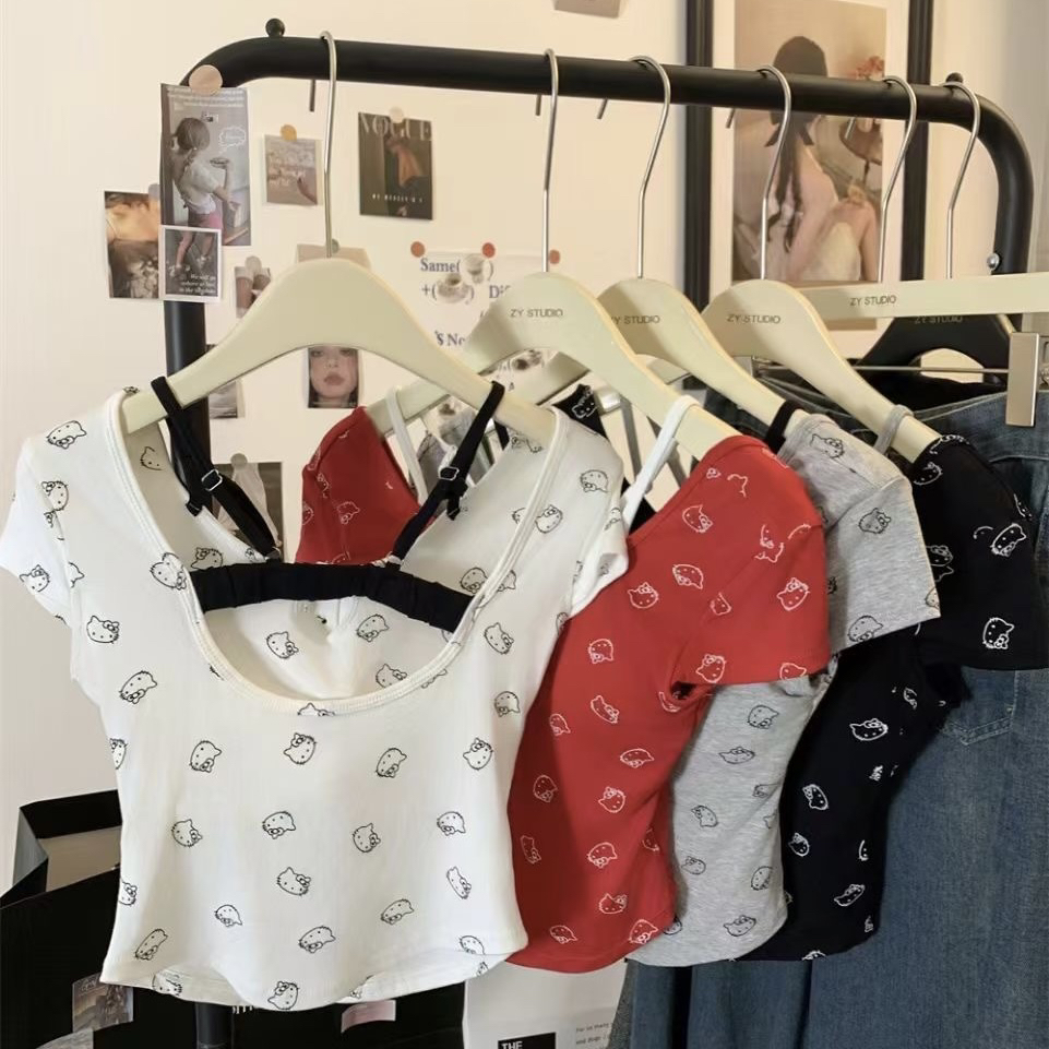 美背猫咪短袖纽扣修身型印花T恤时尚休闲女士潮流显瘦夏装