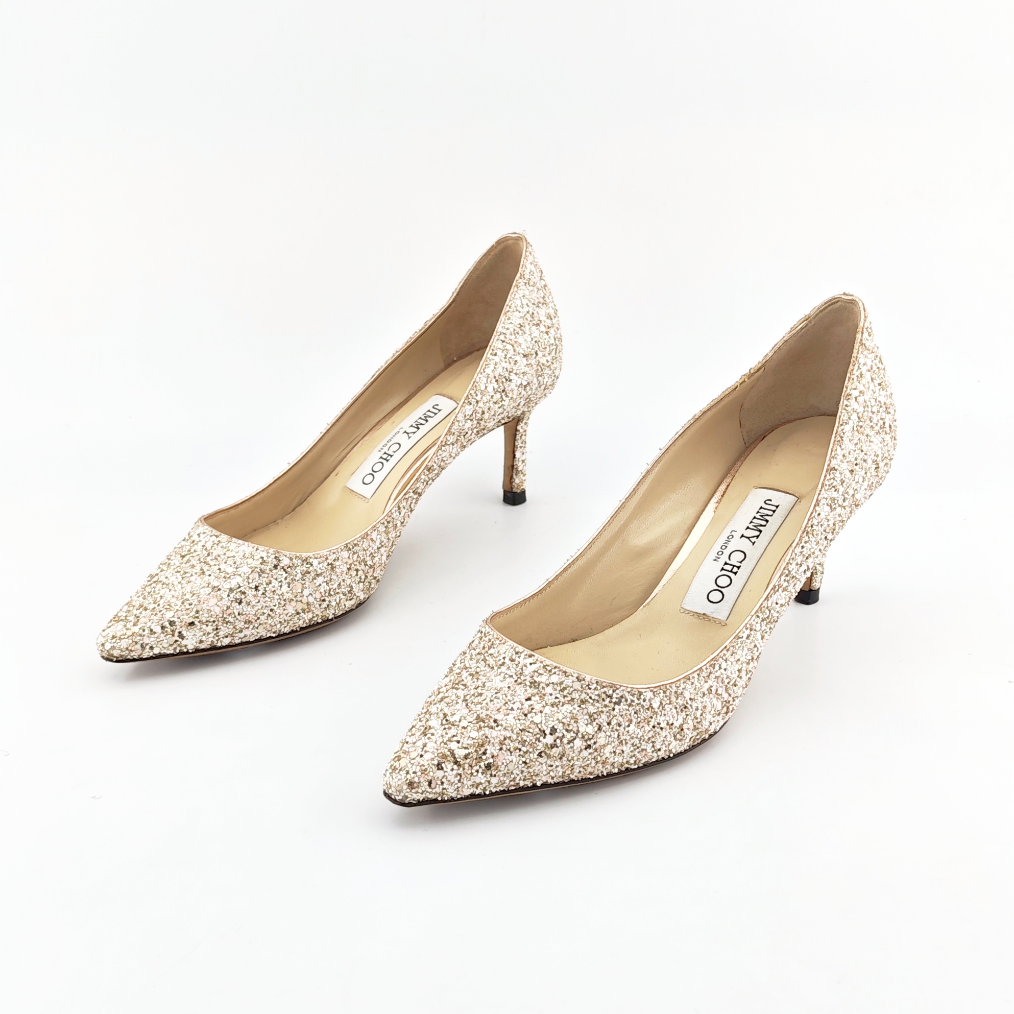 90新 JIMMY CHOO/吉米周 蓝银亮偏高跟鞋 34.5码 D5900