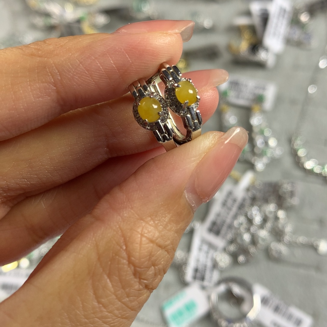 翡翠银S925镶嵌戒指耳钉