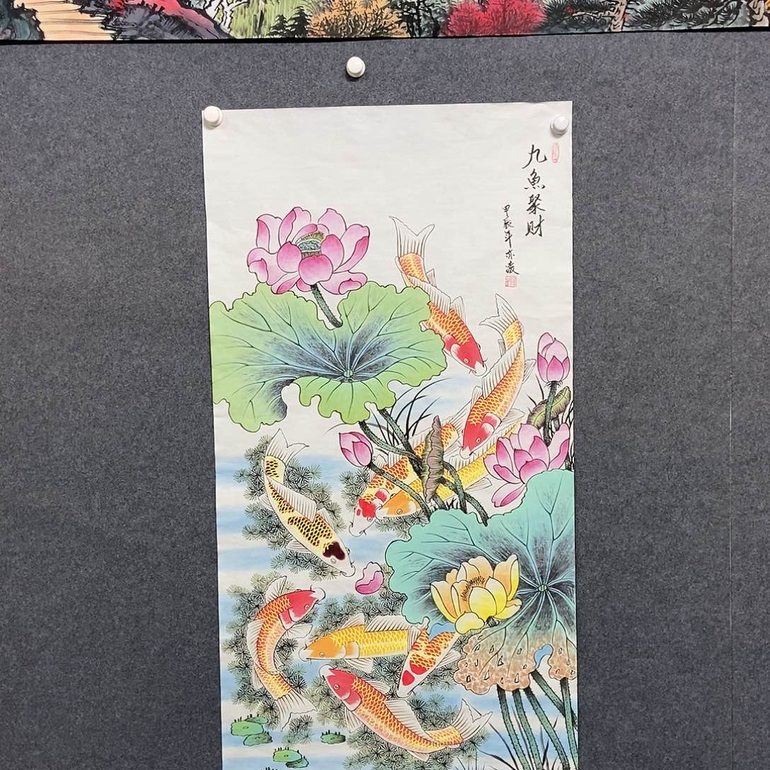国画四尺工笔九鱼一副
