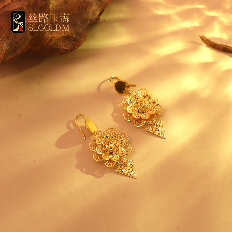 丝路玉海花丝花韵耳饰新疆异域风情民族文化疆派黄金珠宝纯金999