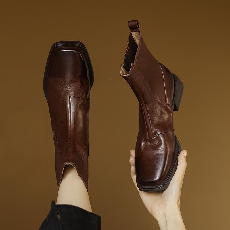 头层牛皮~高级感~法式短靴女秋冬方头中跟瘦瘦靴复古切尔西女靴子