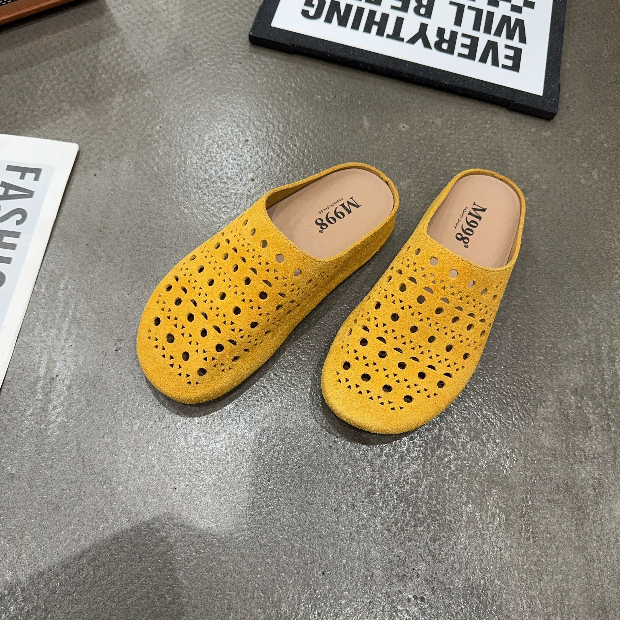 291-1 夏季新品女真皮包头半拖鞋外穿懒人厚底配裙子镂空凉拖鞋潮