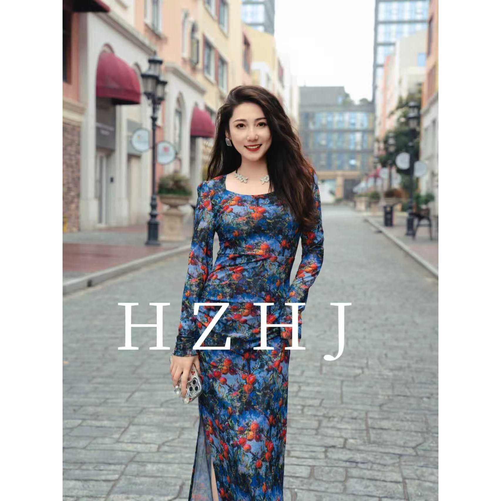 HZHJ新款原创设计师 蓝色果韵 连衣裙复古显瘦高级2146