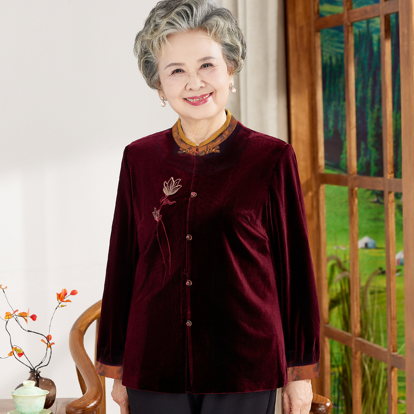 奶奶装金丝绒唐装上衣老年人妈妈春秋天新中式国风薄外套绣花衣服