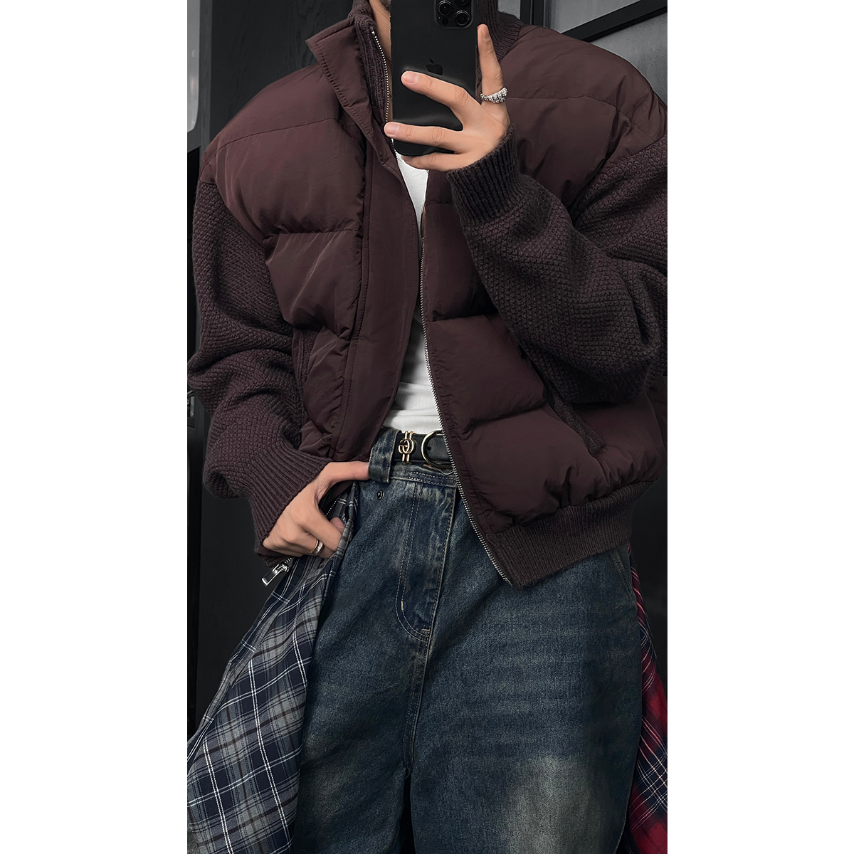 龙叨叨冬季新品美式休闲设计感针织拼接棉服男保暖百搭棉衣外套