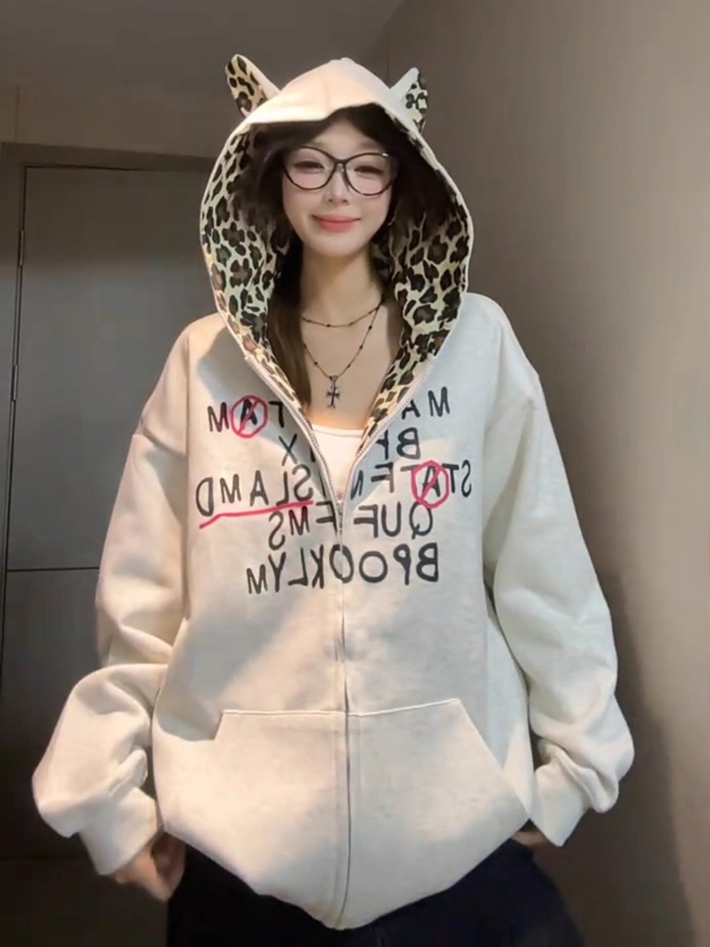 【辣妹】美式慵懒chic开衫外套女秋冬新款宽松字母印花豹纹连帽卫衣