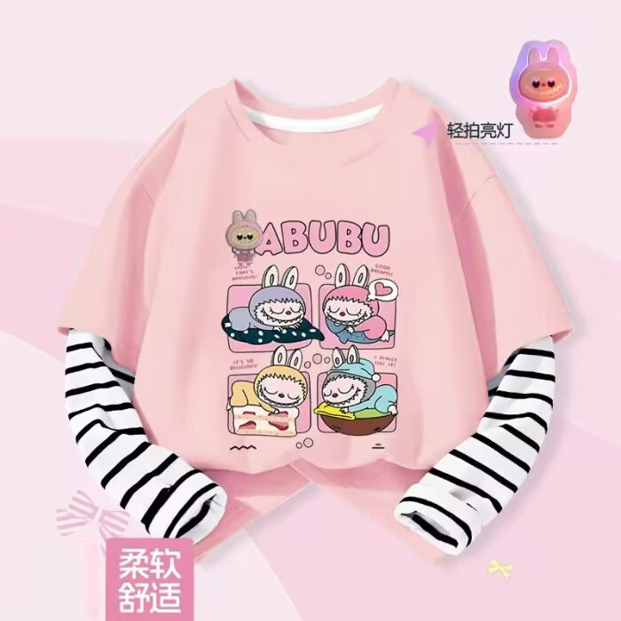 女童秋季新款条纹拼色上衣洋气女宝宝卡通圆领印花亮灯长袖