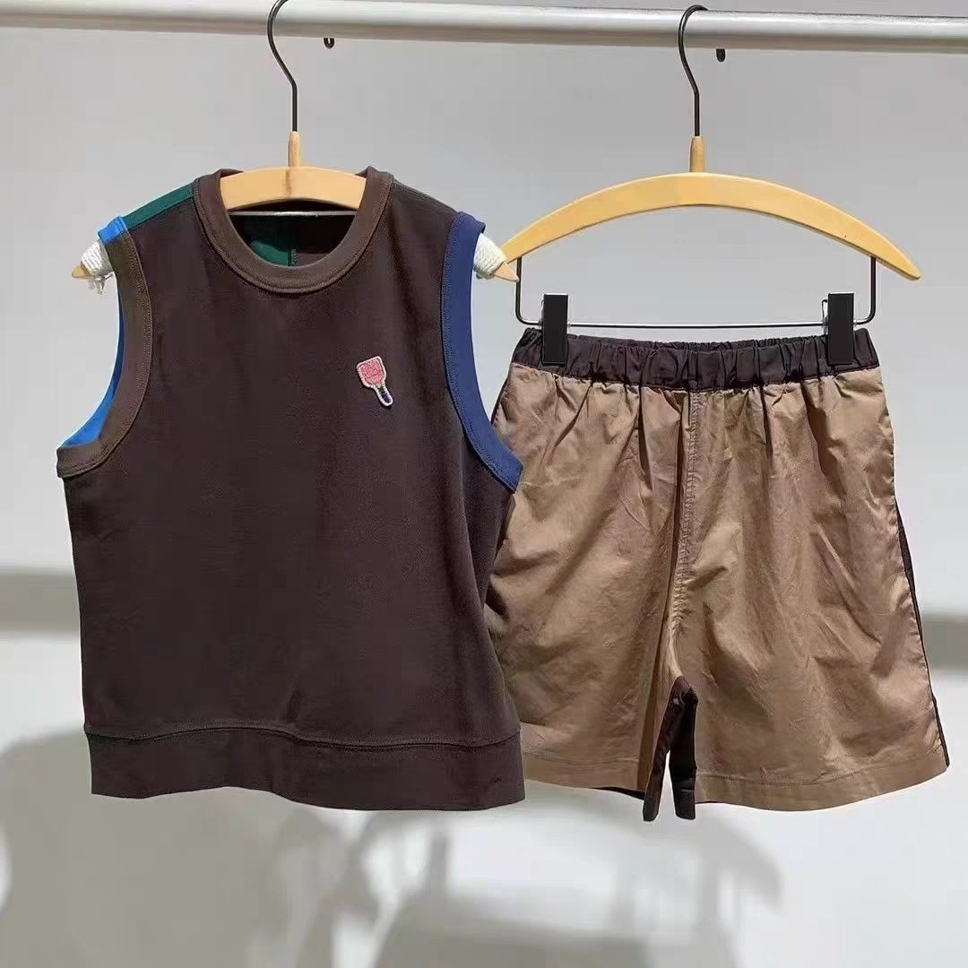 夏季新款男女童时尚拼色无袖背心宽松短裤休闲组合套装潮