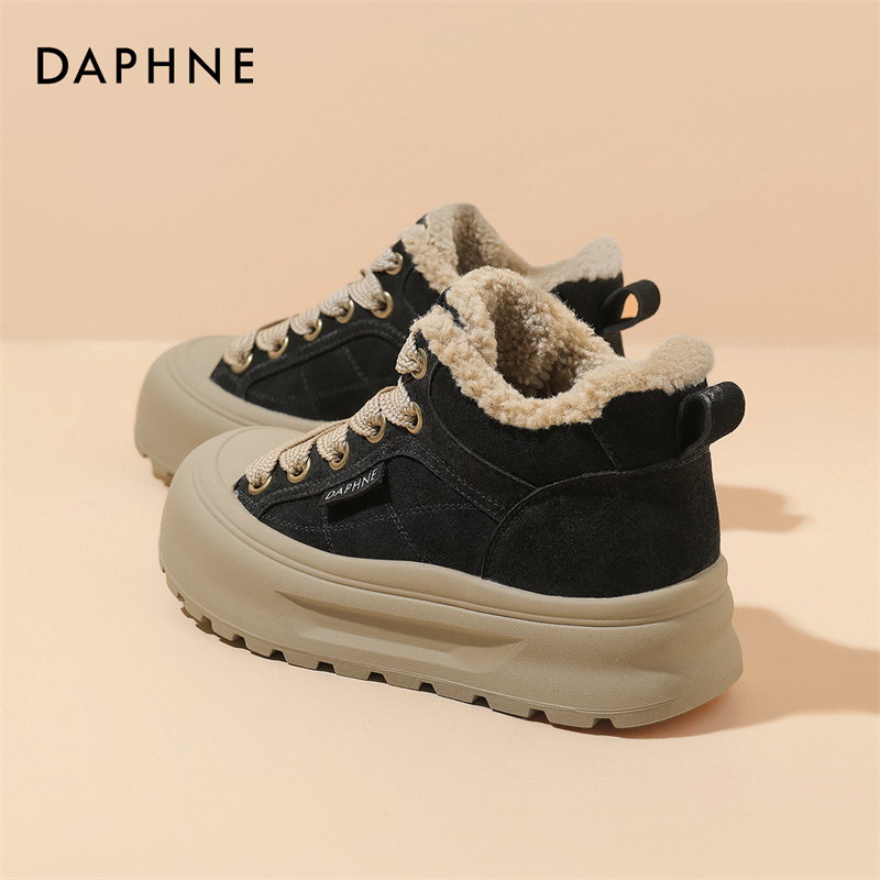 达芙妮高帮鞋女款2025新款冬季加绒保暖雪地靴厚底大棉鞋厚底板鞋
