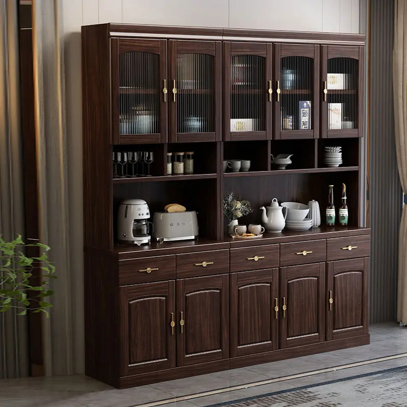 新中式乌金木实木餐边柜靠墙一体复古客厅酒柜储物柜厨房柜置物架