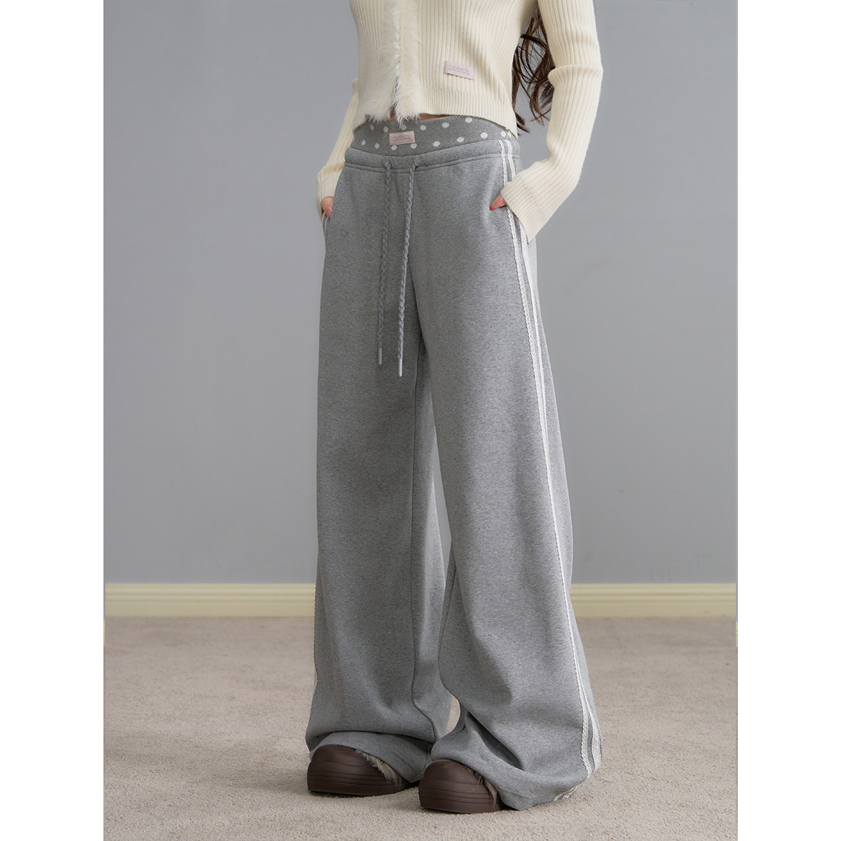 波点趣它喵·胶囊系列 ablueberry 波点拼接休闲裤女宽松阔腿卫裤