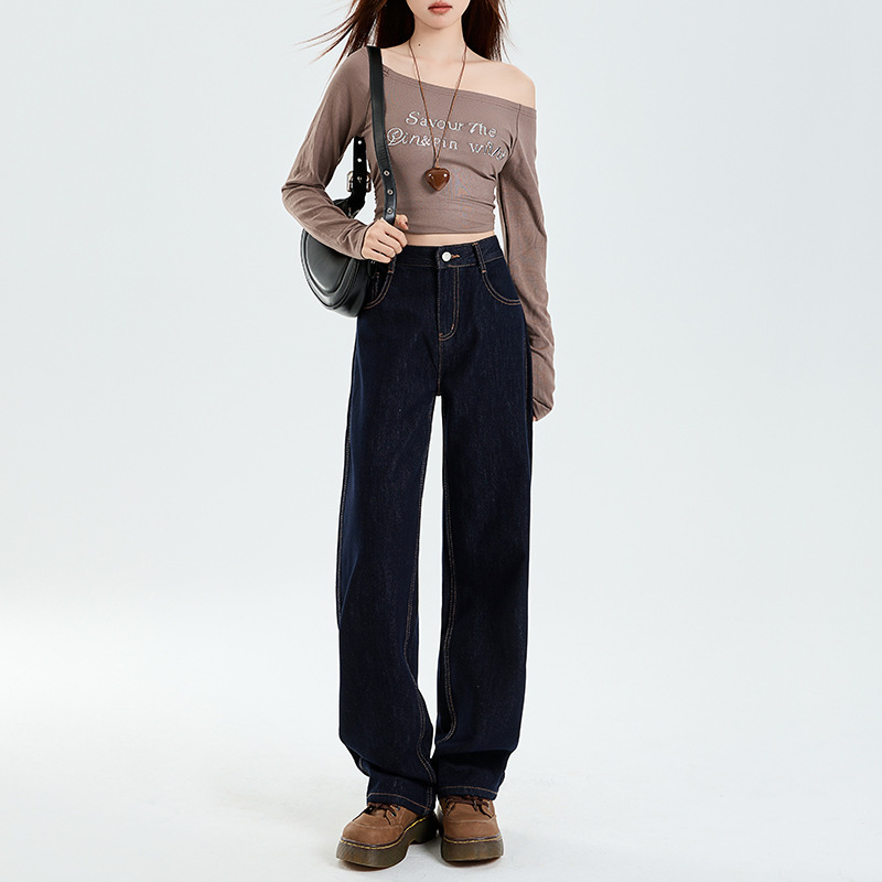 新款直筒裤高街ins极简风牛仔裤高腰复古牛仔裤显瘦高腰休闲裤子