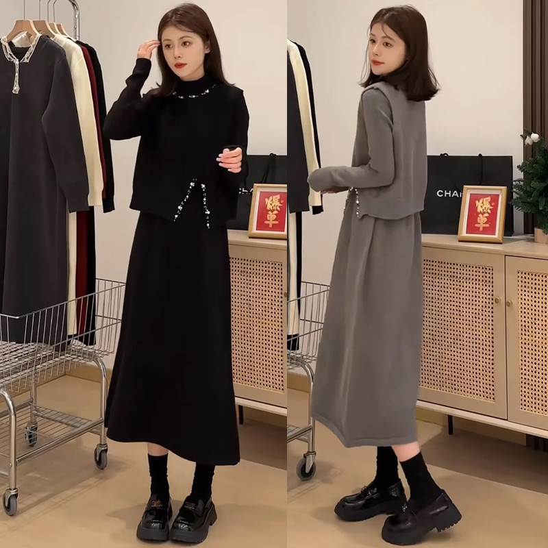 【墨墨家】2025秋装新款重工钉珠时尚气质套装遮肉显瘦连衣裙#8833