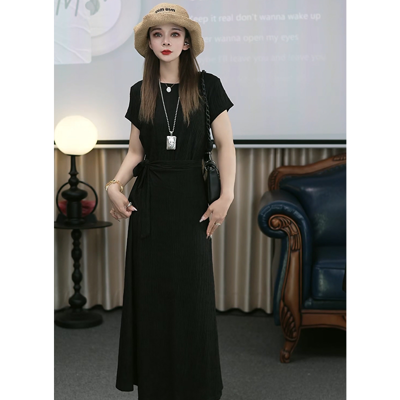【运费补贴】简约绑带连衣裙女夏收腰显瘦百搭宽松慵懒风连衣裙7841