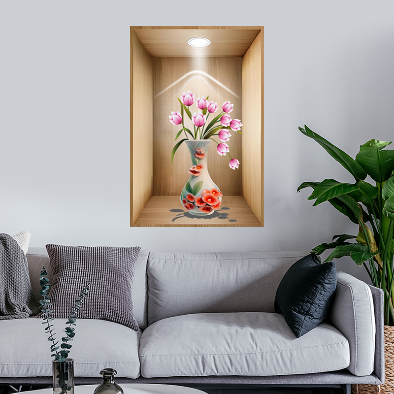 植物花卉盆栽3D木框效果装饰画立体视觉自粘贴画客厅卧室餐厅墙贴