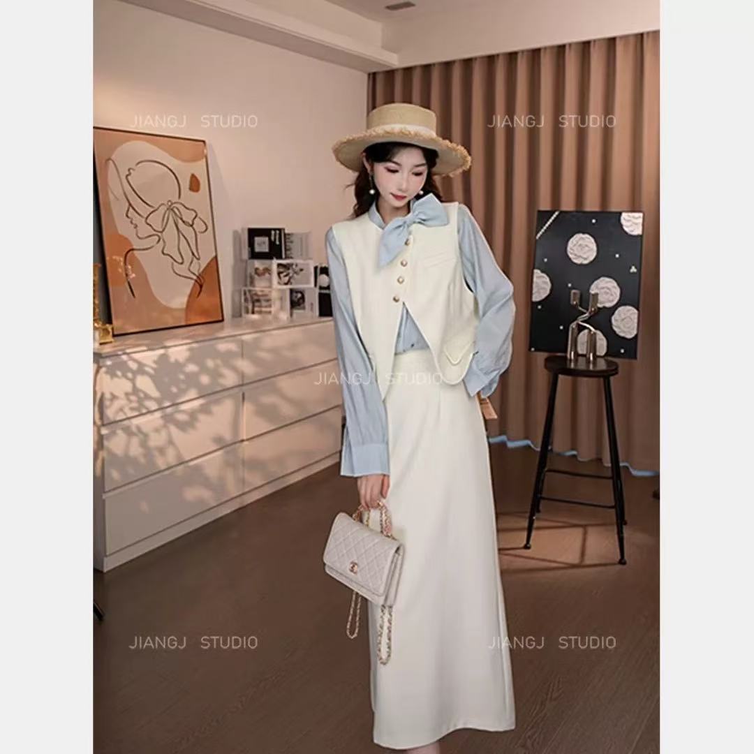 名媛风减龄三件套女2025春季新款纯色蝴蝶结衬衫+减龄马甲+半身裙