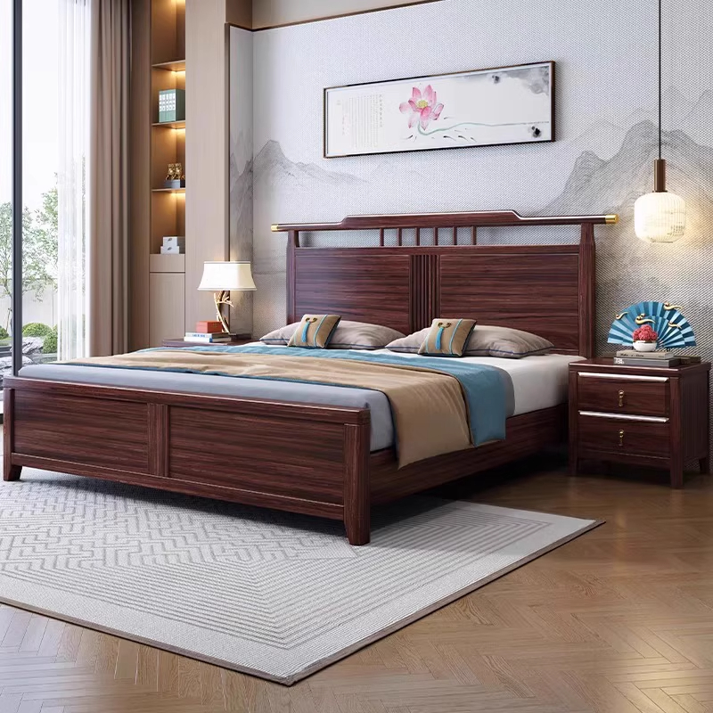 新款乌金木实木床卧室家用1.2米新中式软靠气压储物出租房